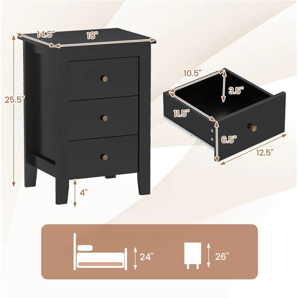 Nightstand End Beside Table Drawers Modern Storage Bedroom Furniture-Black - Black - Bedroom