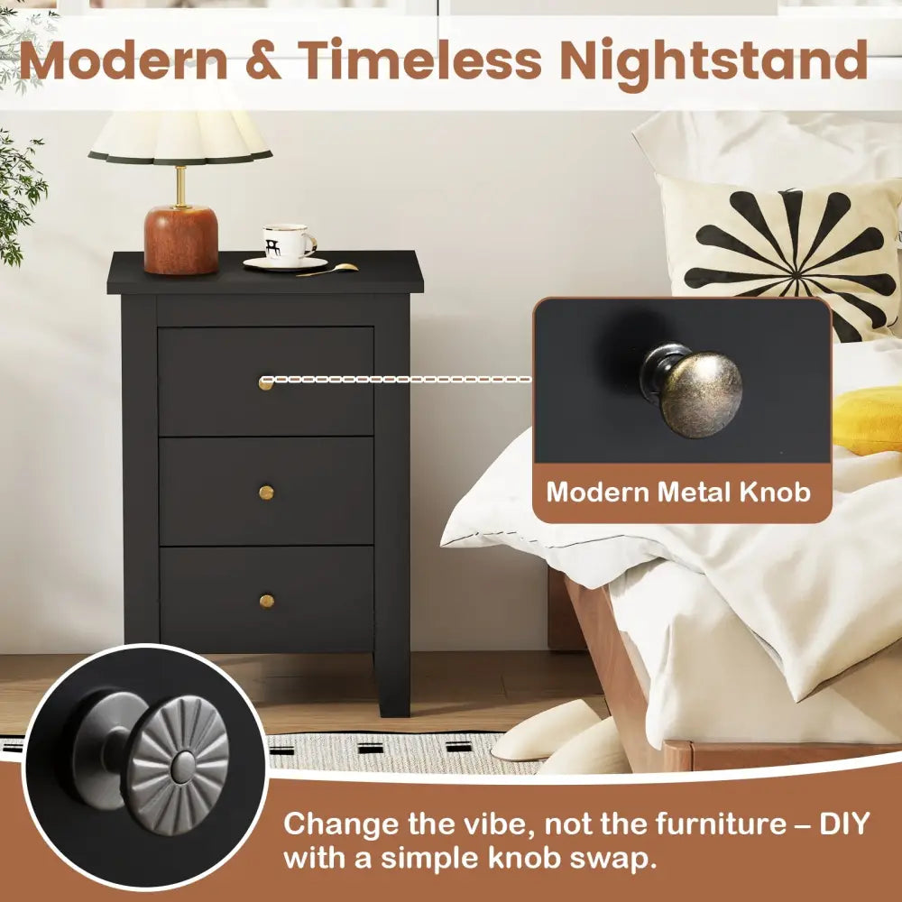 Nightstand End Beside Table Drawers Modern Storage Bedroom Furniture-Black - Black - Bedroom