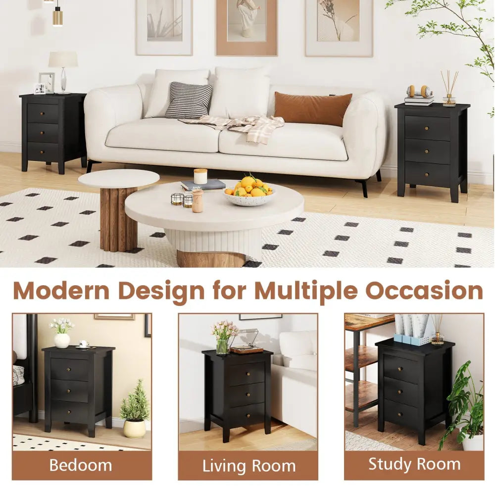 Nightstand End Beside Table Drawers Modern Storage Bedroom Furniture-Black - Black - Bedroom