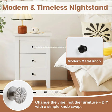 Nightstand End Beside Table Drawers Modern Storage Bedroom Furniture-White - White - Bedroom