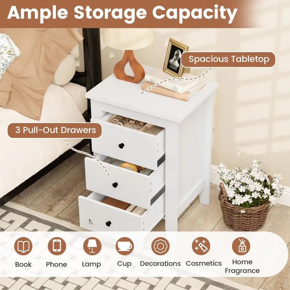 Nightstand End Beside Table Drawers Modern Storage Bedroom Furniture-White - White - Bedroom