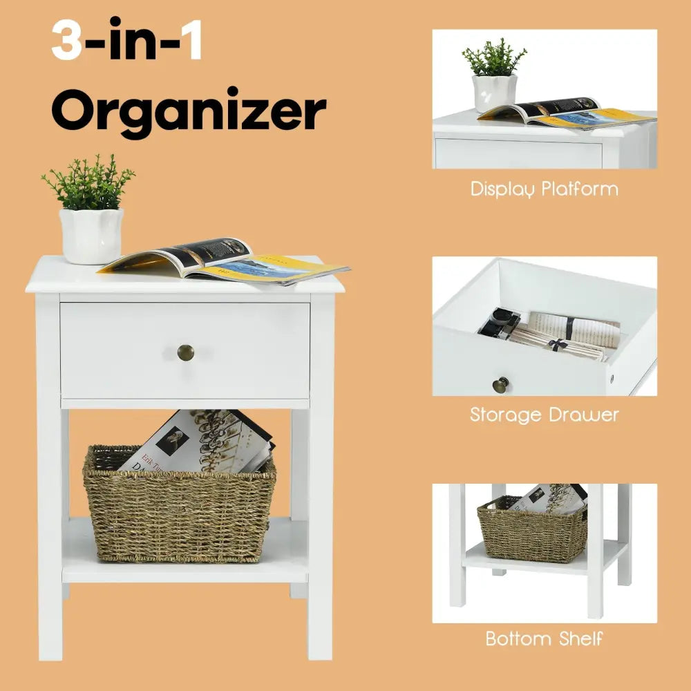 Nightstand End Table with Drawer and Shelf-White - White - Nightstands