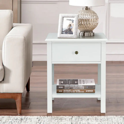 Nightstand End Table with Drawer and Shelf-White - White - Nightstands
