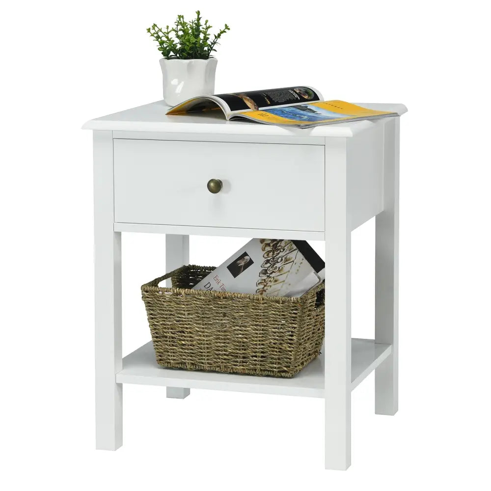 Nightstand End Table with Drawer and Shelf-White - White - Nightstands