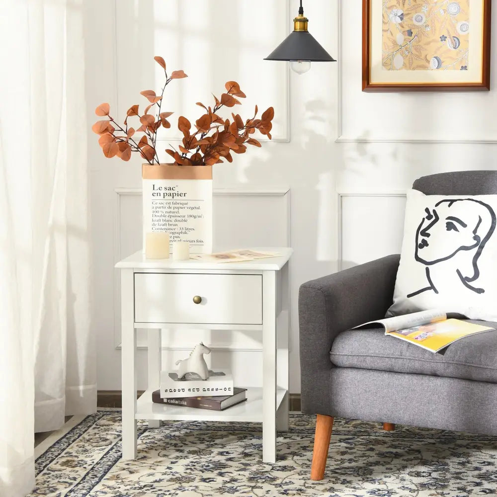 Nightstand End Table with Drawer and Shelf-White - White - Nightstands