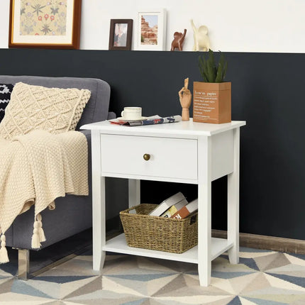 Nightstand End Table with Drawer and Shelf-White - White - Nightstands