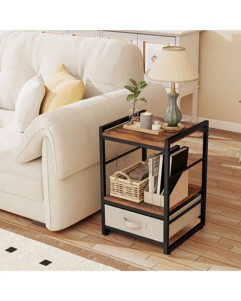 Nightstand Industrial Bedside Table with Open Storage Shelf and Fabric Drawer-Rustic Brown - Rustic Brown - Nightstands