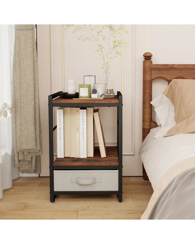 Nightstand Industrial Bedside Table with Open Storage Shelf and Fabric Drawer-Rustic Brown - Rustic Brown - Nightstands