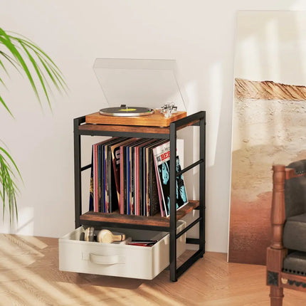 Nightstand Industrial Bedside Table with Open Storage Shelf and Fabric Drawer-Rustic Brown - Rustic Brown - Nightstands