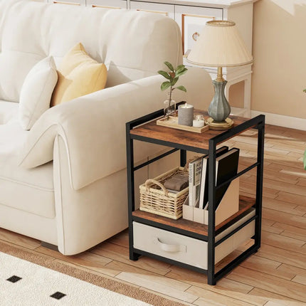 Nightstand Industrial Bedside Table with Open Storage Shelf and Fabric Drawer-Rustic Brown - Rustic Brown - Nightstands