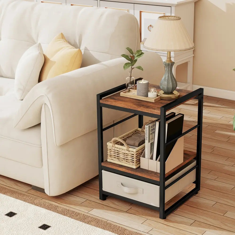 Nightstand Industrial Bedside Table with Open Storage Shelf and Fabric Drawer-Rustic Brown - Rustic Brown - Nightstands