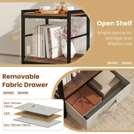 Nightstand Industrial Bedside Table with Open Storage Shelf and Fabric Drawer-Rustic Brown - Rustic Brown - Nightstands
