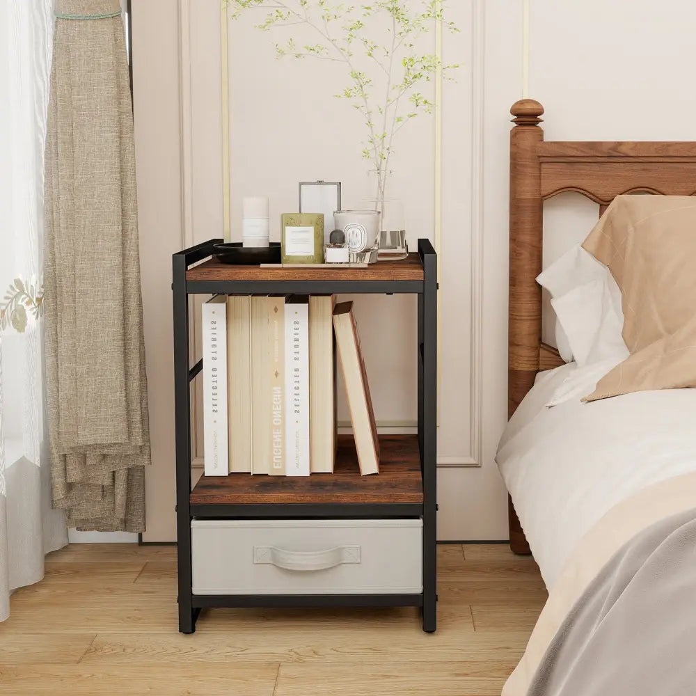Nightstand Industrial Bedside Table with Open Storage Shelf and Fabric Drawer-Rustic Brown - Rustic Brown - Nightstands