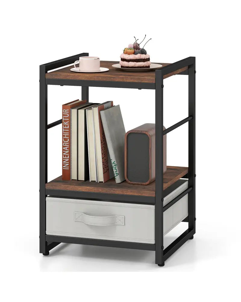Nightstand Industrial Bedside Table with Open Storage Shelf and Fabric Drawer-Rustic Brown - Rustic Brown - Nightstands
