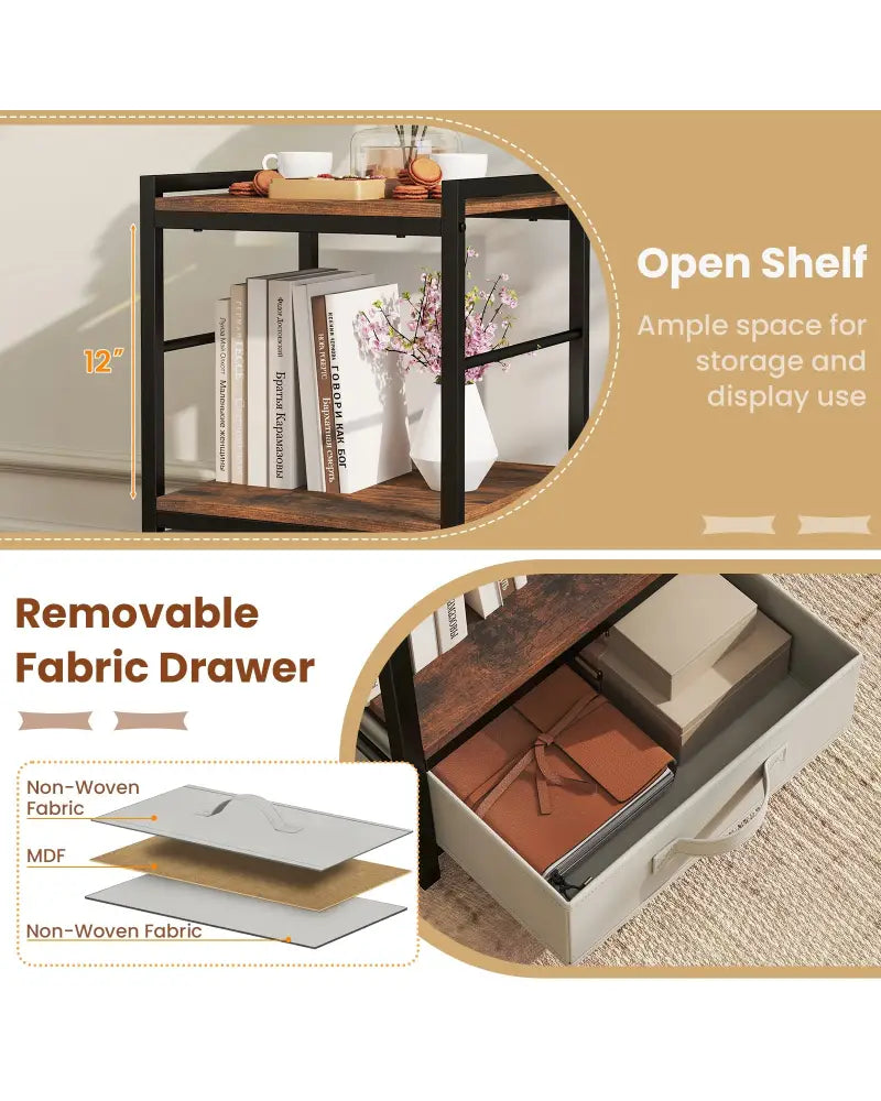 Nightstand Industrial Bedside Table with Open Storage Shelf and Fabric Drawer-Rustic Brown - Rustic Brown - Nightstands