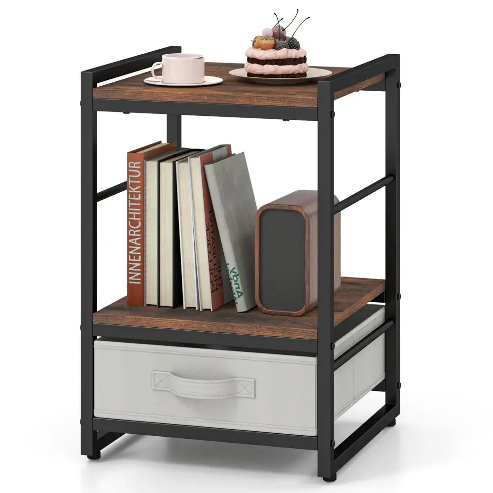 Nightstand Industrial Bedside Table with Open Storage Shelf and Fabric Drawer-Rustic Brown - Rustic Brown - Nightstands