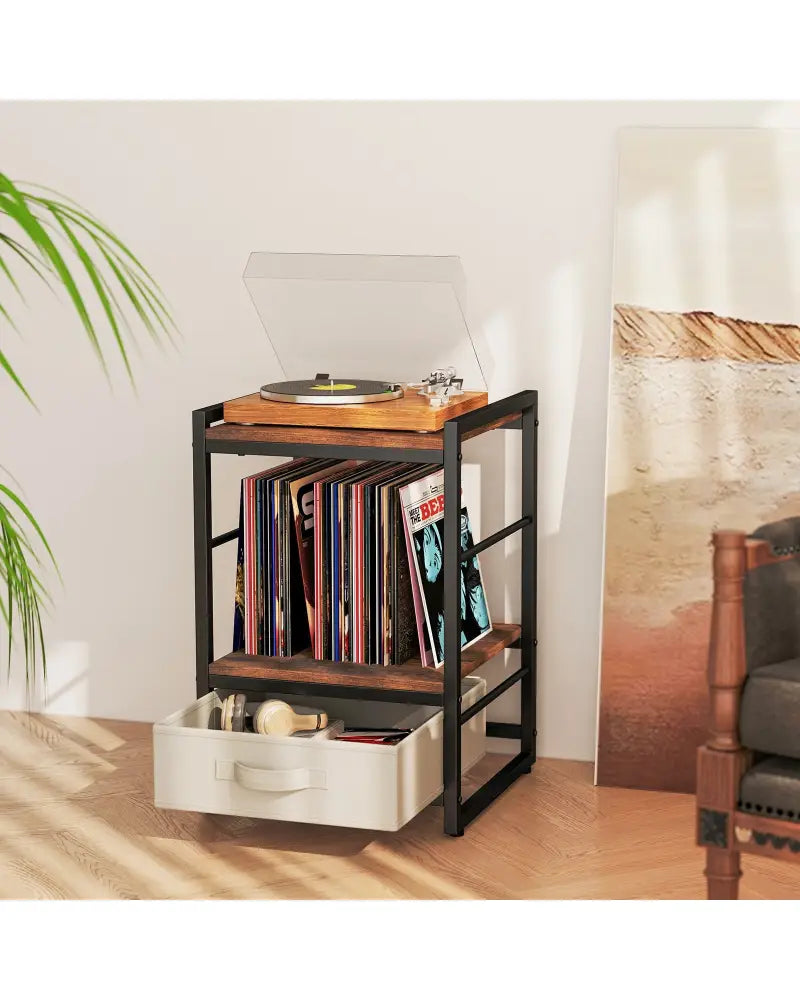 Nightstand Industrial Bedside Table with Open Storage Shelf and Fabric Drawer-Rustic Brown - Rustic Brown - Nightstands