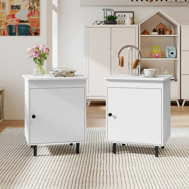 Nightstand Mid Century End Tables with Door-Set of 2 - White - Nightstands