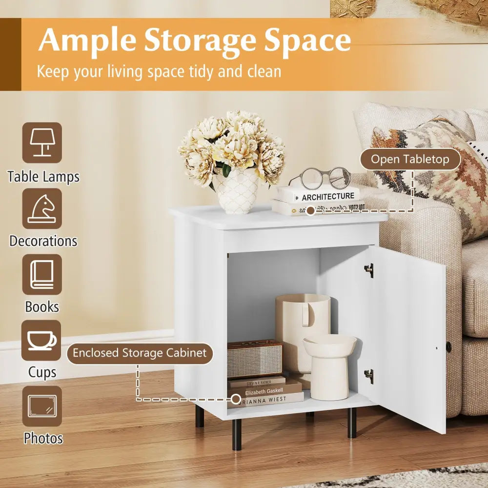 Nightstand Mid Century End Tables with Door-Set of 2 - White - Nightstands