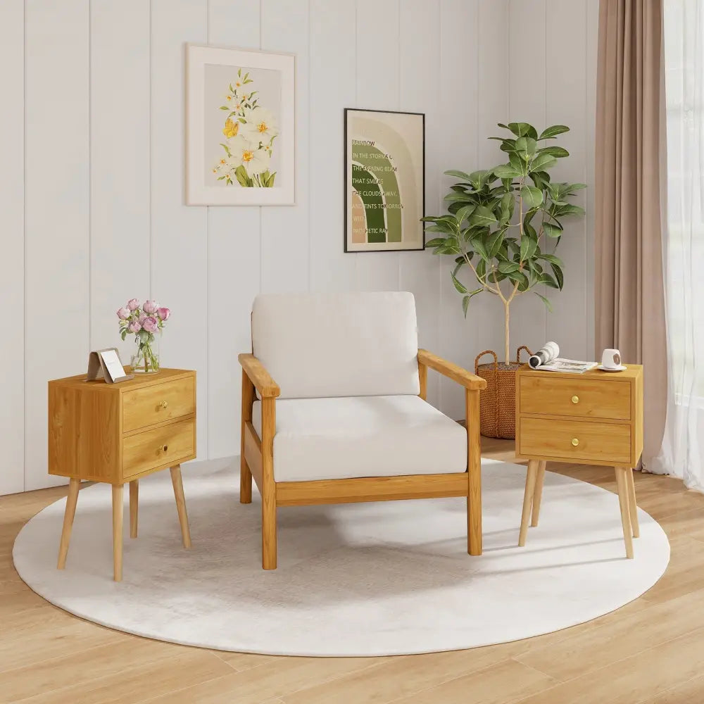 Nightstand Mid-century Modern Bedside Table with 2 Drawers-Natural Costway