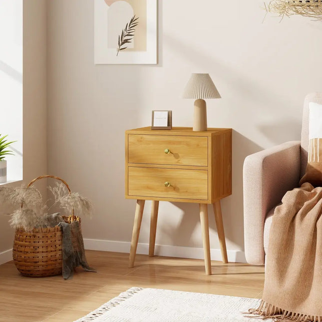 Nightstand Mid-century Modern Bedside Table with 2 Drawers-Natural Costway
