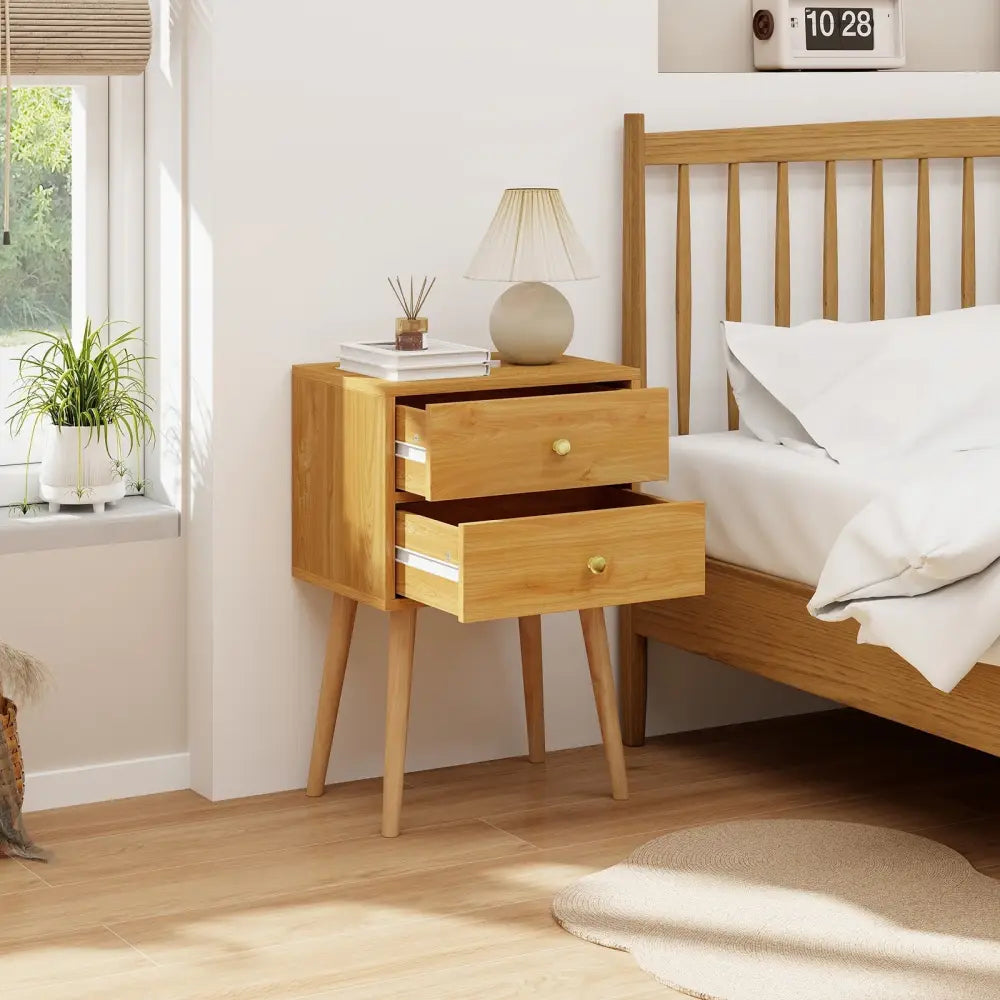 Nightstand Mid-century Modern Bedside Table with 2 Drawers-Natural Costway