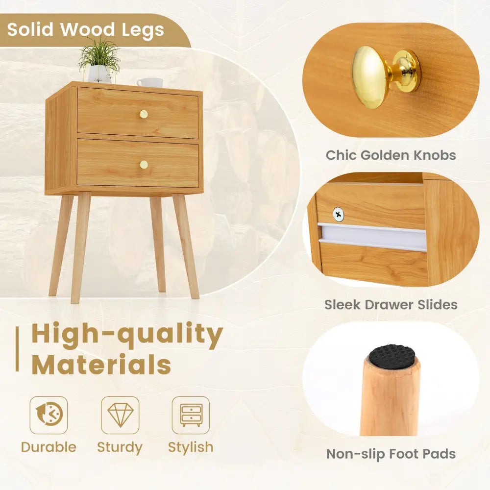 Nightstand Mid-century Modern Bedside Table with 2 Drawers-Natural Costway