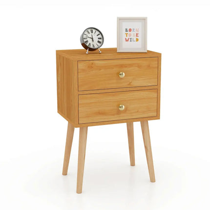 Nightstand Mid-century Modern Bedside Table with 2 Drawers-Natural Costway