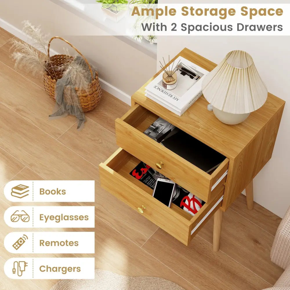 Nightstand Mid-century Modern Bedside Table with 2 Drawers-Natural Costway