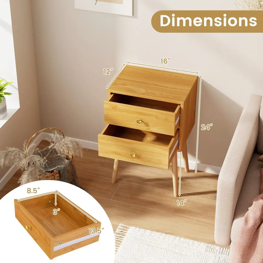 Nightstand Mid-century Modern Bedside Table with 2 Drawers-Natural Costway