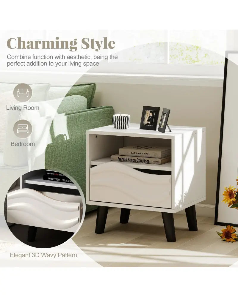 Nightstand Mid Century Modern Bedside Table with 3D Wavy Pattern and Open Shelf-White - White - Nightstands