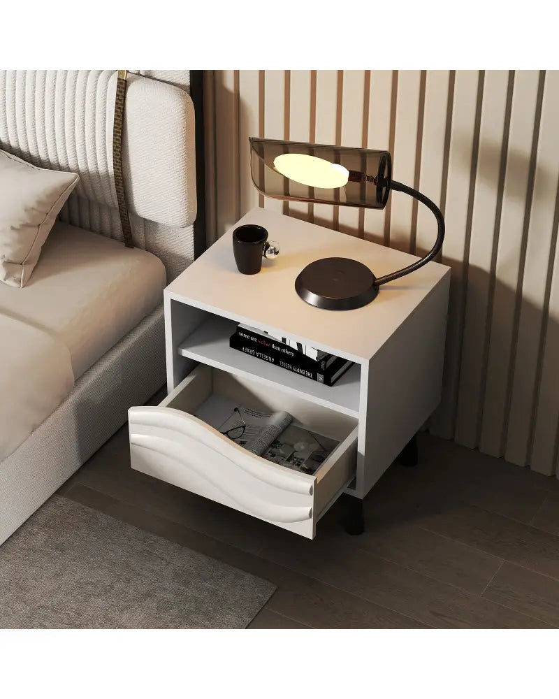 Nightstand Mid Century Modern Bedside Table with 3D Wavy Pattern and Open Shelf-White - White - Nightstands