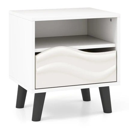 Nightstand Mid Century Modern Bedside Table with 3D Wavy Pattern and Open Shelf-White - White - Nightstands