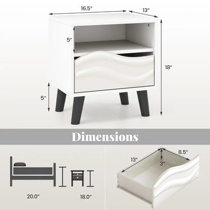 Nightstand Mid Century Modern Bedside Table with 3D Wavy Pattern and Open Shelf-White - White - Nightstands