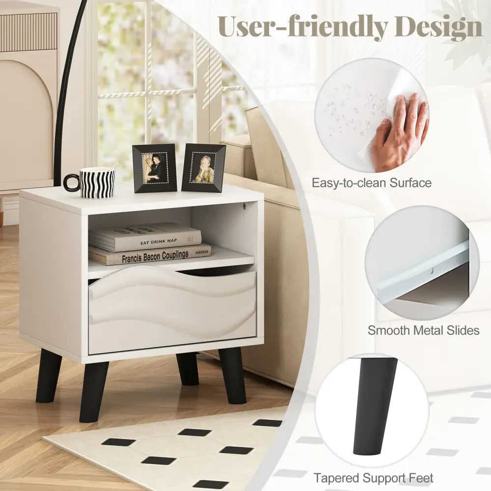 Nightstand Mid Century Modern Bedside Table with 3D Wavy Pattern and Open Shelf-White - White - Nightstands
