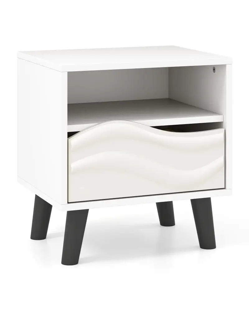 Nightstand Mid Century Modern Bedside Table with 3D Wavy Pattern and Open Shelf-White - White - Nightstands