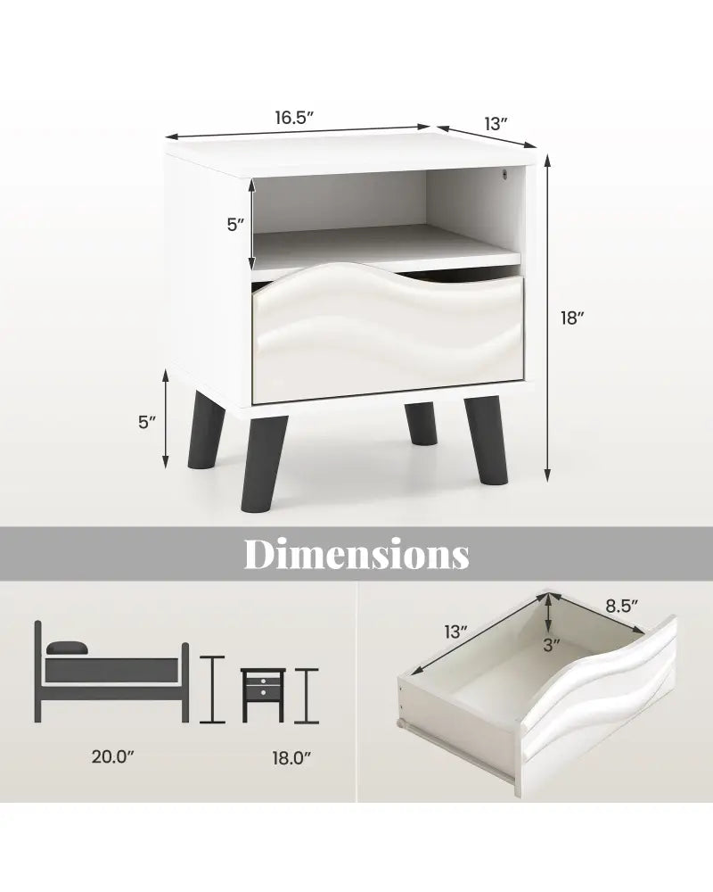 Nightstand Mid Century Modern Bedside Table with 3D Wavy Pattern and Open Shelf-White - White - Nightstands