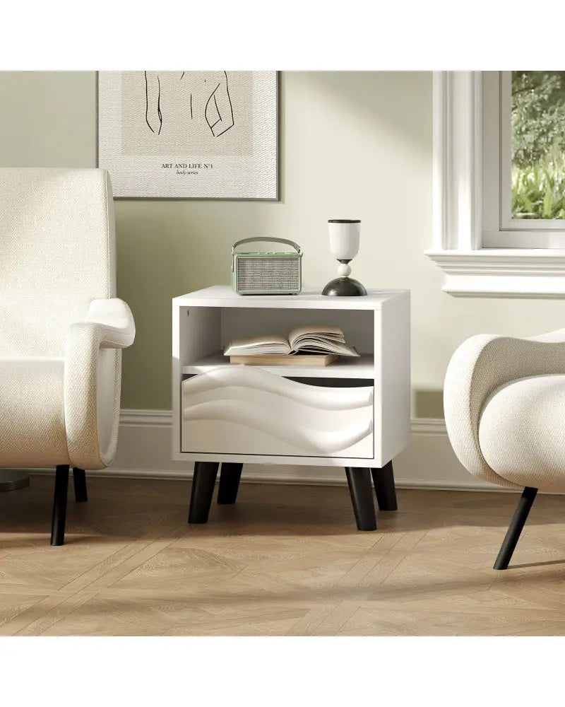 Nightstand Mid Century Modern Bedside Table with 3D Wavy Pattern and Open Shelf-White - White - Nightstands