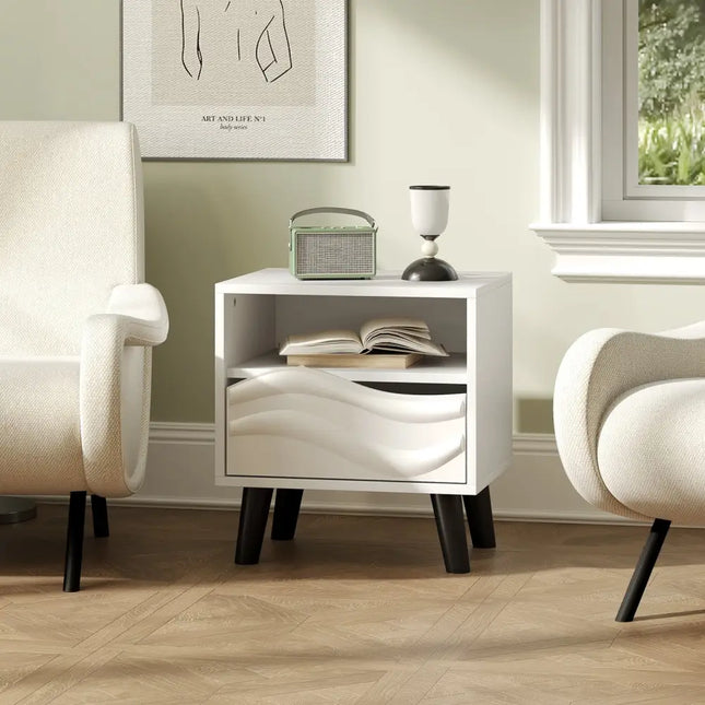 Nightstand Mid Century Modern Bedside Table with 3D Wavy Pattern and Open Shelf-White - White - Nightstands