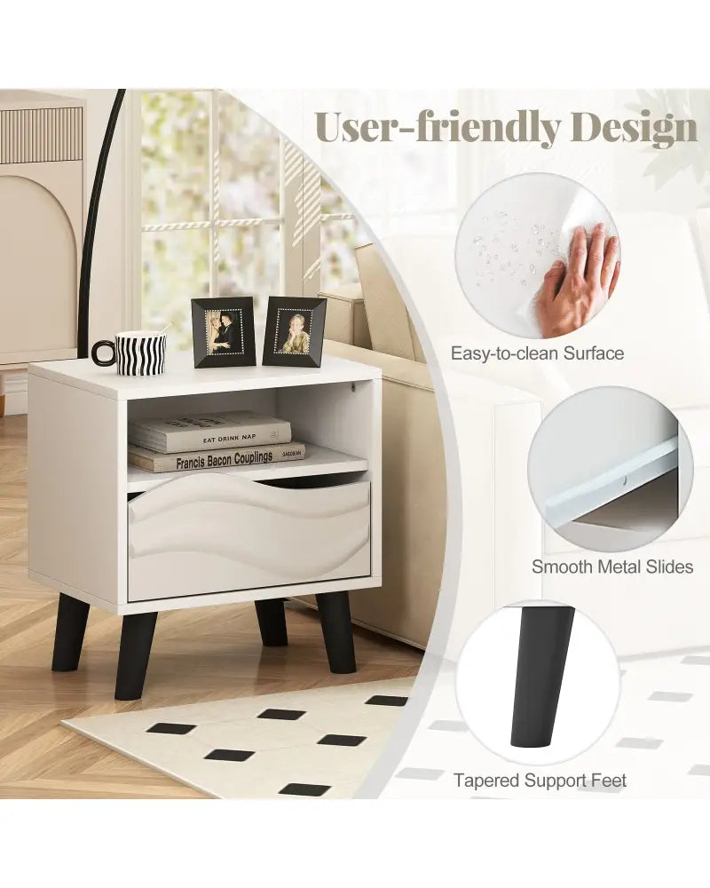 Nightstand Mid Century Modern Bedside Table with 3D Wavy Pattern and Open Shelf-White - White - Nightstands
