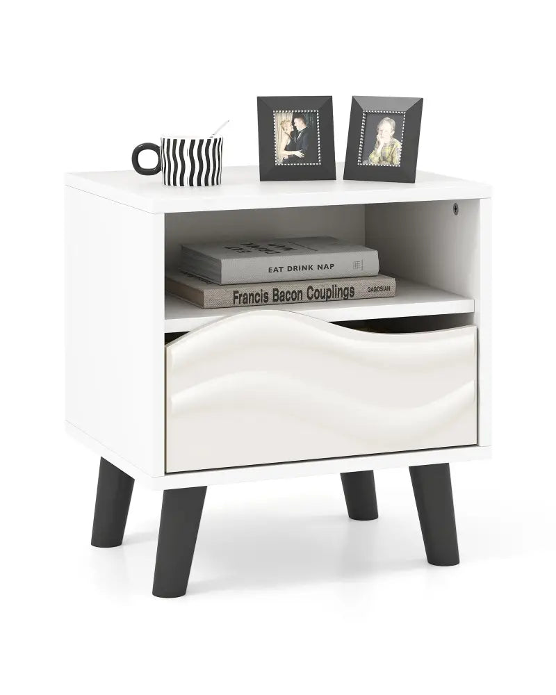 Nightstand Mid Century Modern Bedside Table with 3D Wavy Pattern and Open Shelf-White - White - Nightstands