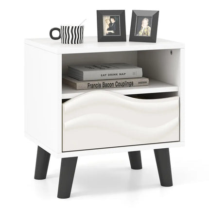 Nightstand Mid Century Modern Bedside Table with 3D Wavy Pattern and Open Shelf-White - White - Nightstands