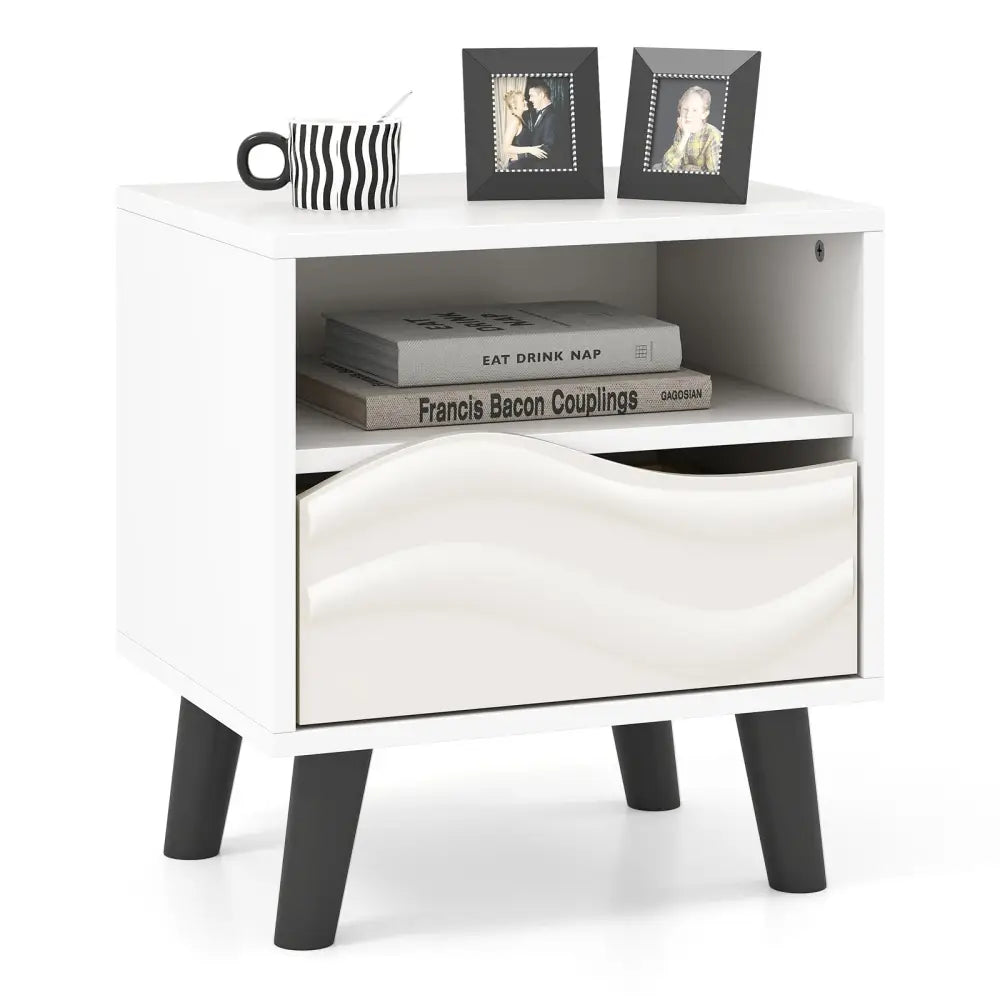 Nightstand Mid Century Modern Bedside Table with 3D Wavy Pattern and Open Shelf-White - White - Nightstands