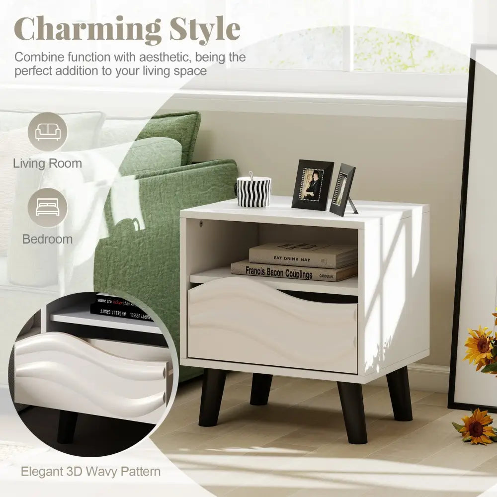 Nightstand Mid Century Modern Bedside Table with 3D Wavy Pattern and Open Shelf-White - White - Nightstands