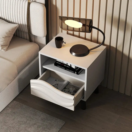 Nightstand Mid Century Modern Bedside Table with 3D Wavy Pattern and Open Shelf-White - White - Nightstands