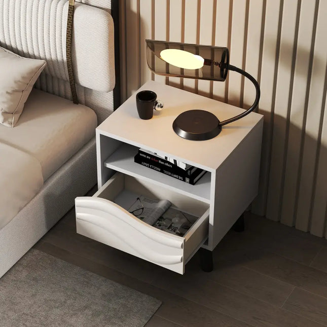 Nightstand Mid Century Modern Bedside Table with 3D Wavy Pattern and Open Shelf-White - White - Nightstands
