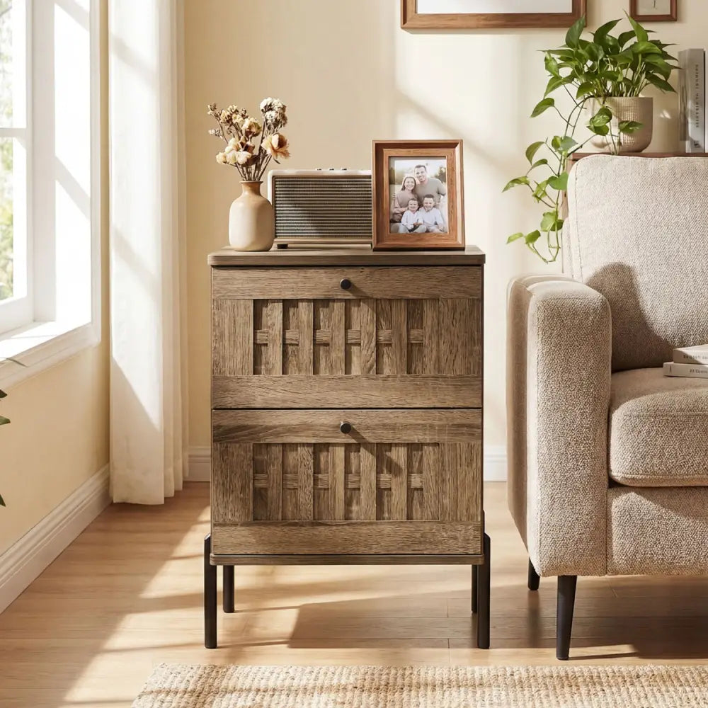 Nightstand Mid Century Modern End Table with Storage Drawers-Rustic Brown - Rustic Brown - Nightstands