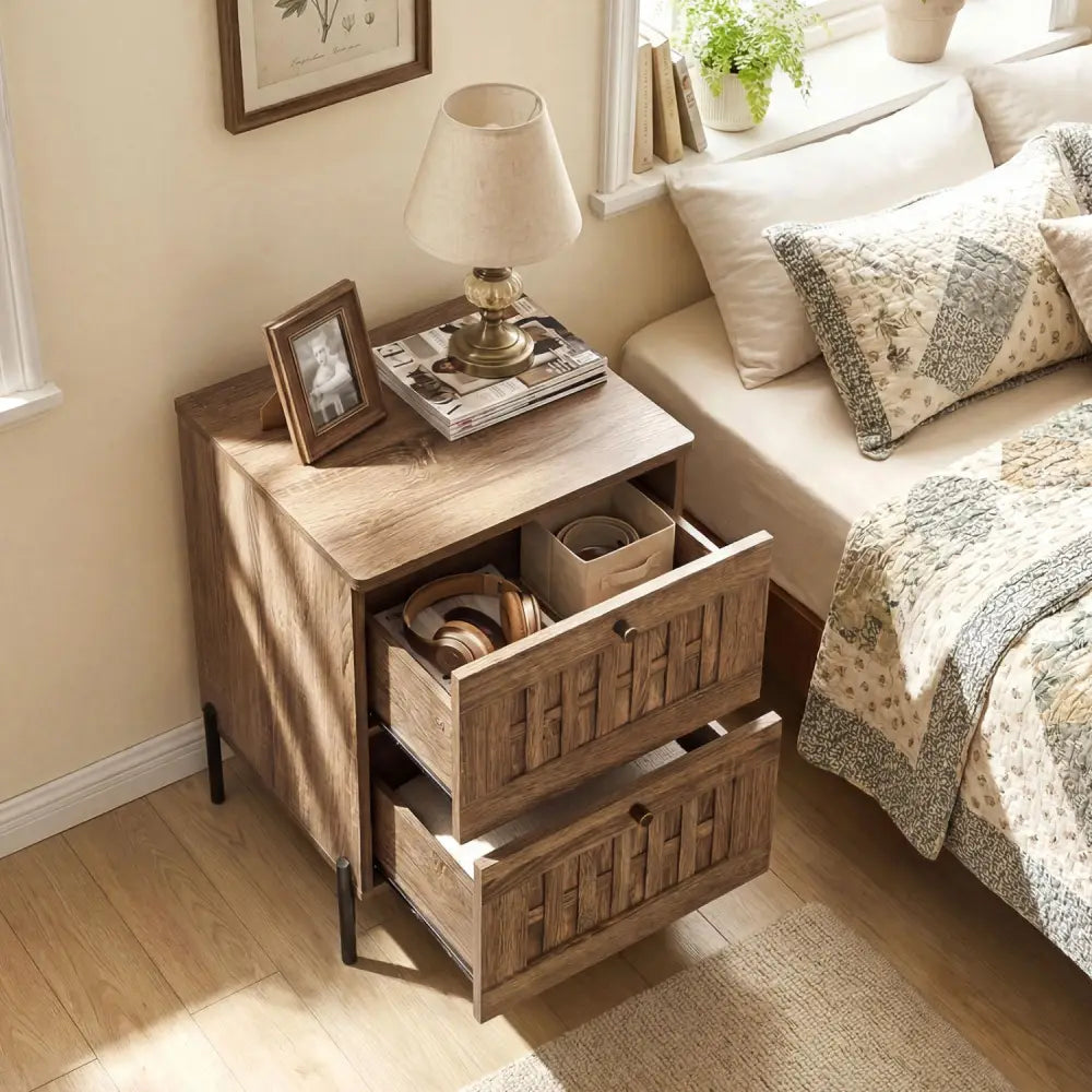 Nightstand Mid Century Modern End Table with Storage Drawers-Rustic Brown - Rustic Brown - Nightstands
