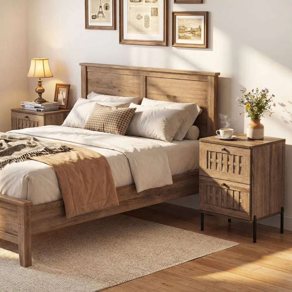 Nightstand Mid Century Modern End Table with Storage Drawers-Rustic Brown - Rustic Brown - Nightstands