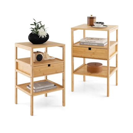 Nightstand Set of 2 Bamboo End Table with 2 Open Shelves and Drawer-Set of 2 - Natural - Nightstands